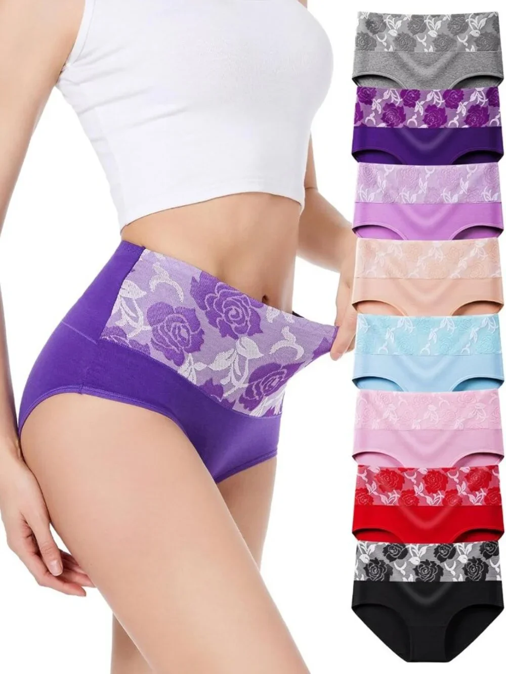 High Waist Cotton Briefs for Women - Tummy Control, Jacquard Design, Multipack